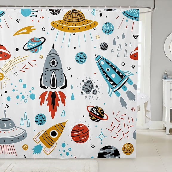 Kids Space Rocket Shower Curtain Boys Universe Planet Bathroom Shower Curtain Set for Children Outer Space Adventure Bath Curtain Space Ship Design Waterproof Room Decor 72"x84"
