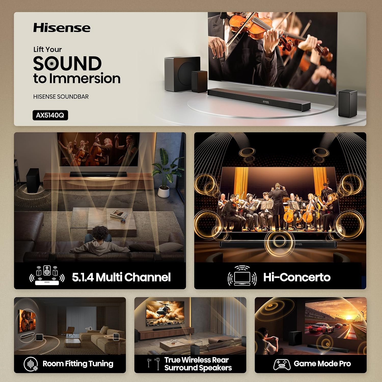 Hisense AX5140Q 5.1.4Ch Sound Bar with Wireless Subwoofer, Dolby Atmos, DTS:X, Bluetooth 5.3, Roku TV Ready, HDMI/AUX/ARC/Optical/USB, EzPlay, 7 EQ Modes (B Grade)