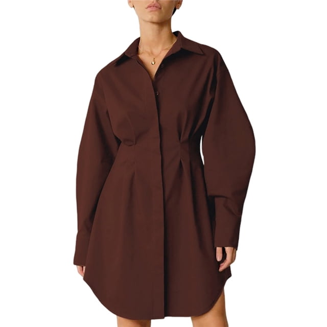 Robe T-Shirt Mini à Manches Longues Boutonnée pour Femme, Col à Revers, Plissée, Évasée, Courte, Marron G