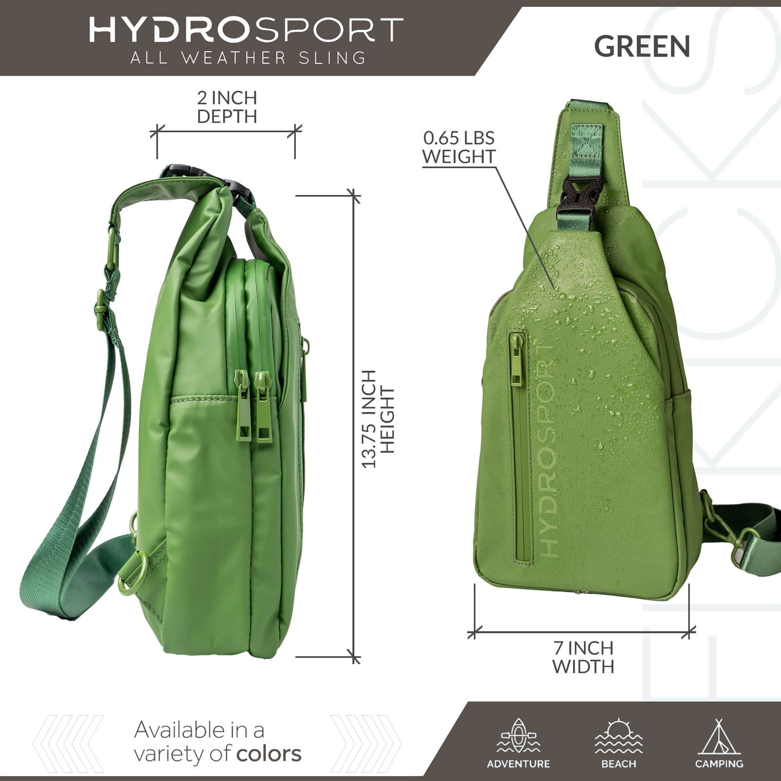 FITKICKS Hydrosport All Weather Sling Bag Crossbody Travel Hiking Chest Bag, Green (Unisex)