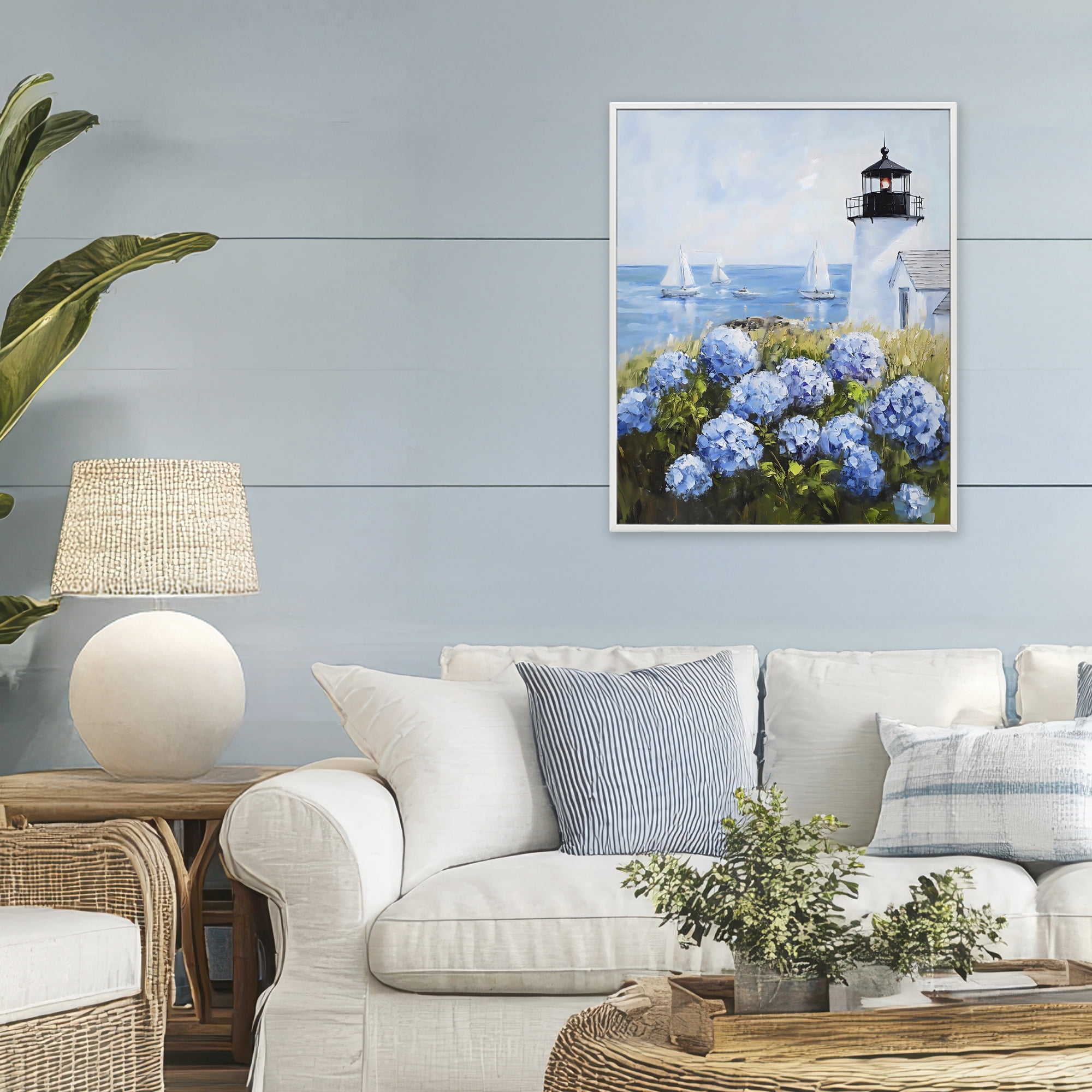 Stupell Industries Lighthouse Surrounded by Hydrangeas White Framed Giclee Art, design by Arlington Prints