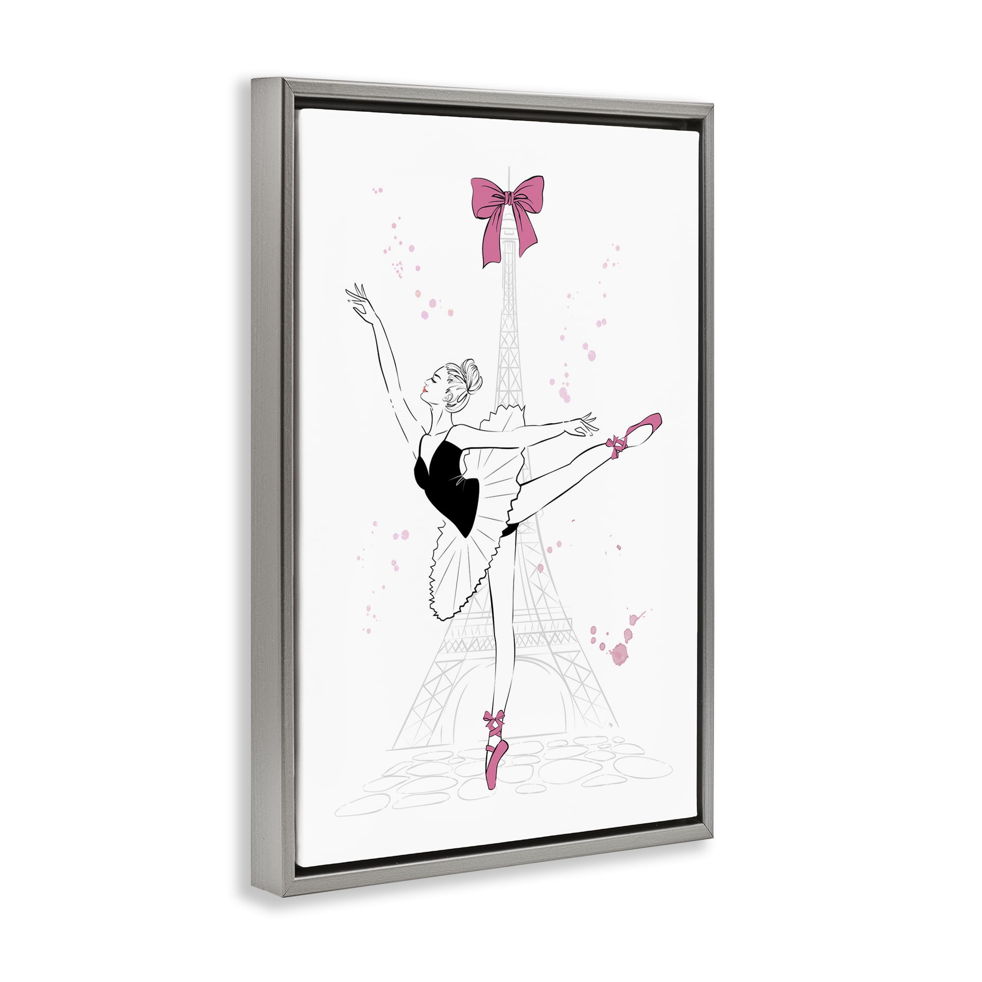 Stupell Industries Ballerina & Eiffel Tower Novelty Painting Gray Floater Framed Art Print Wall Art, 21 x 31