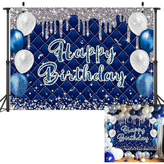 Navy Blue Birthday Backdrop Blue Sliver Glitter Happy Birthday Photography Background Men Boys Party Banner Photo Booth Props
