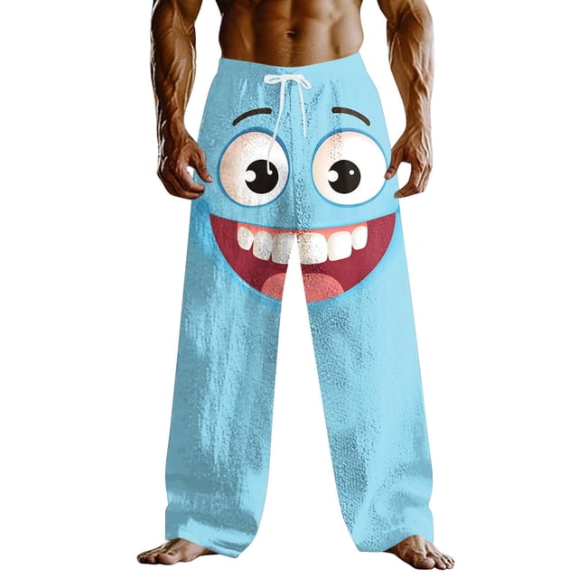 Wo-Fusoul Pants for Men, Loose Fit Casual Trousers with Elastic Drawstring Waist and Pockets, Mid Rise Cartoon Smiling Face Design for Outdoor Vacation and Home