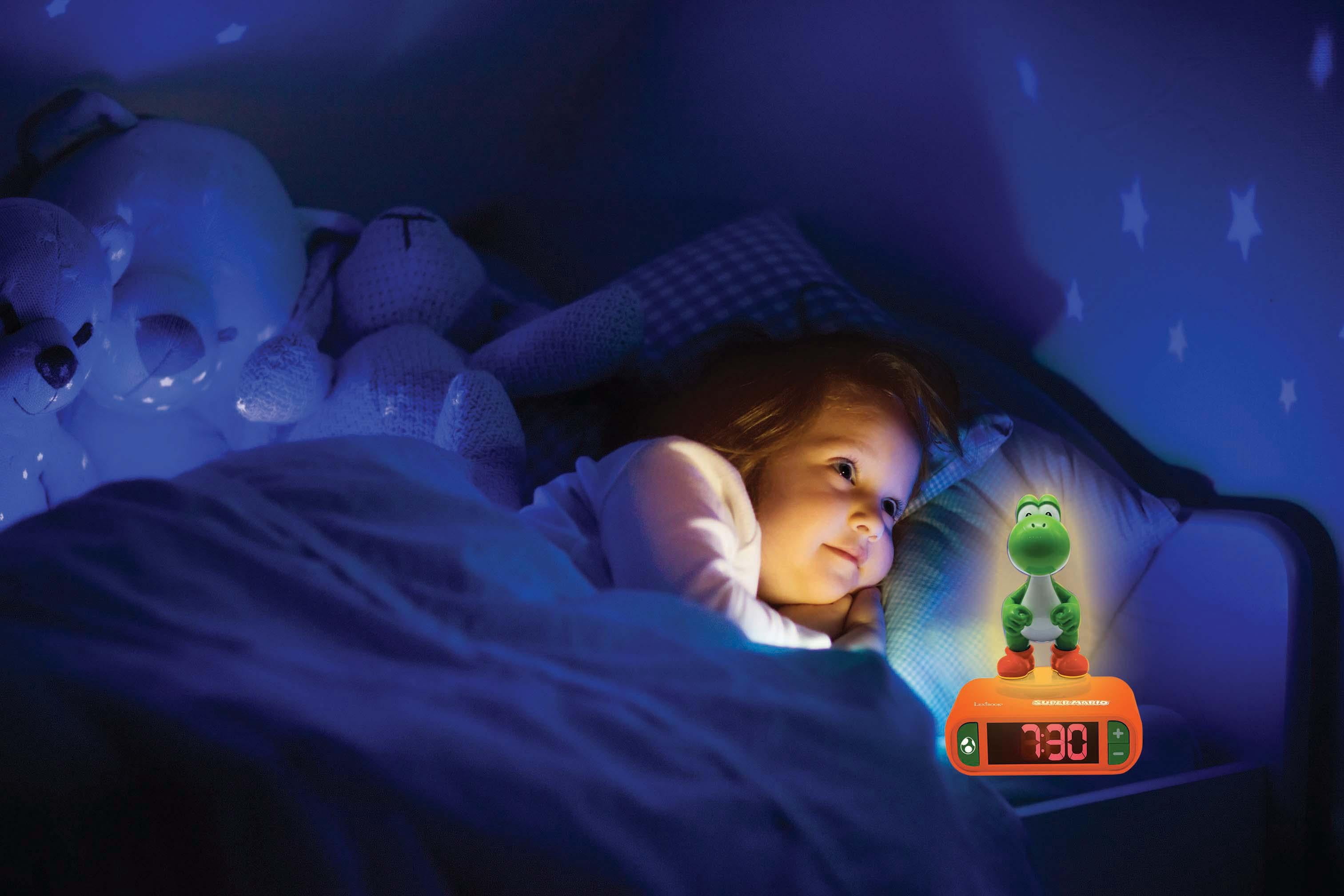 Lexibook, Super Mario, Yoshi Nightlight Alarm Clock, Sounds and Melodies, LCD Backlit Screen, Luminous, Snooze, Red/Green