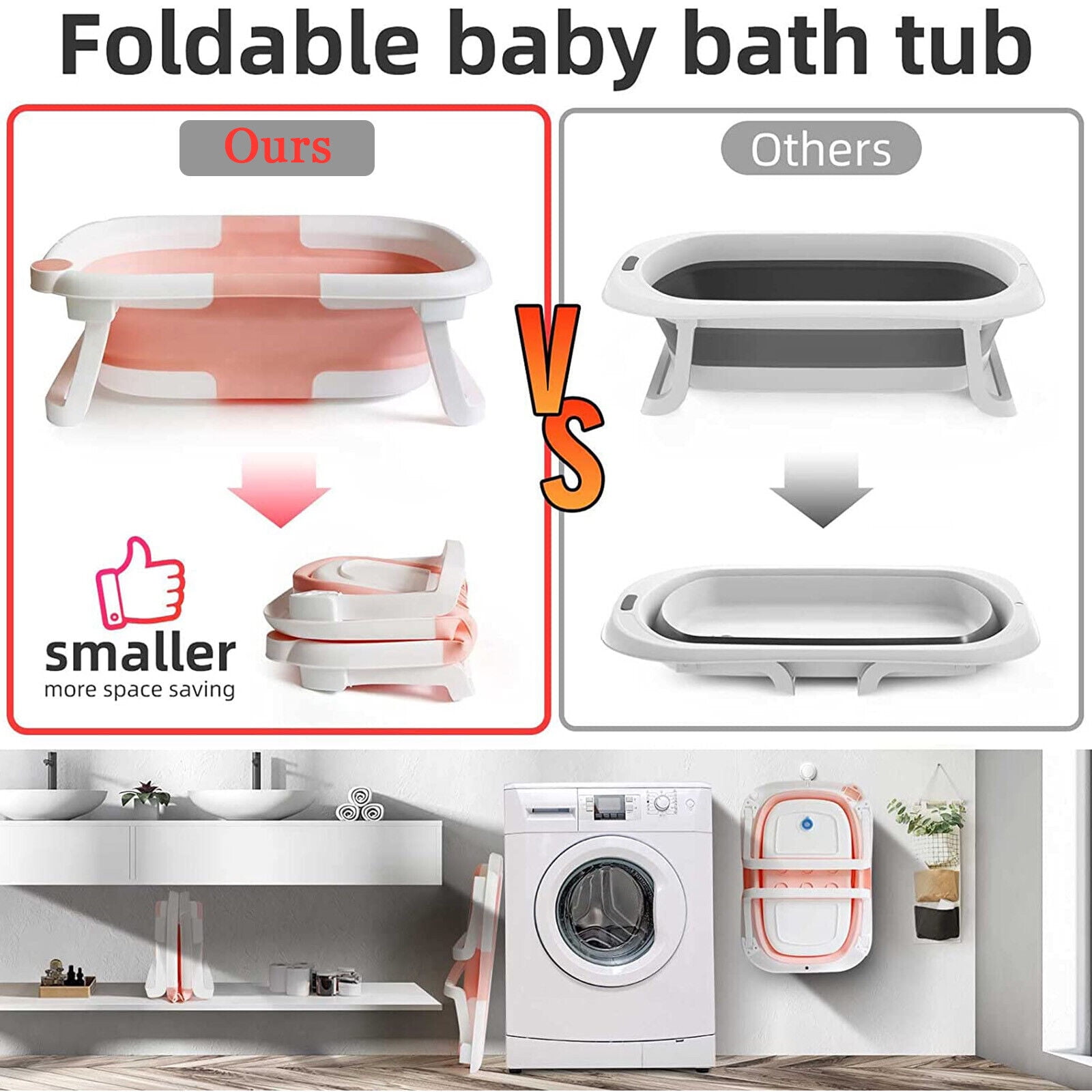 TOPCHANCES Collapsible Baby Bathtub with Thermometer, Portable Baby Shower Tub + Baby Tub Cushion + Bath Net, Folding Bathtub for 0-36 Month Newborn (Pink)