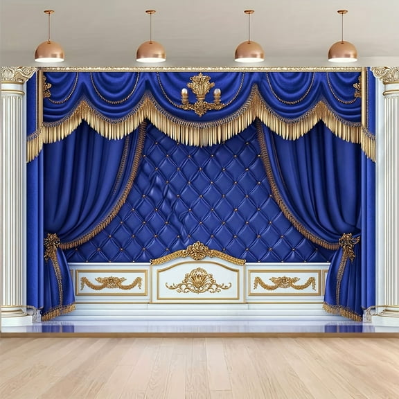 Luxurious Royal Blue Curtains Wedding Backdrop Castle Palace Baby Shower Photography Background for Boy Elegant Blue and Golden Curtains Bridal Shower Birthday Party Decorations Banner Photo Props