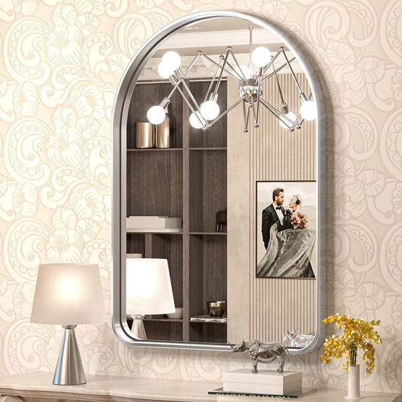 ZXNYH 48 x 30 Inch Brushed Silver Bathroom Mirror for Wall Brushed Brass Metal Rounded Corner Rectangle Mirror Metal Frame Deep Set Design Hangs Horizontal Or Vertical