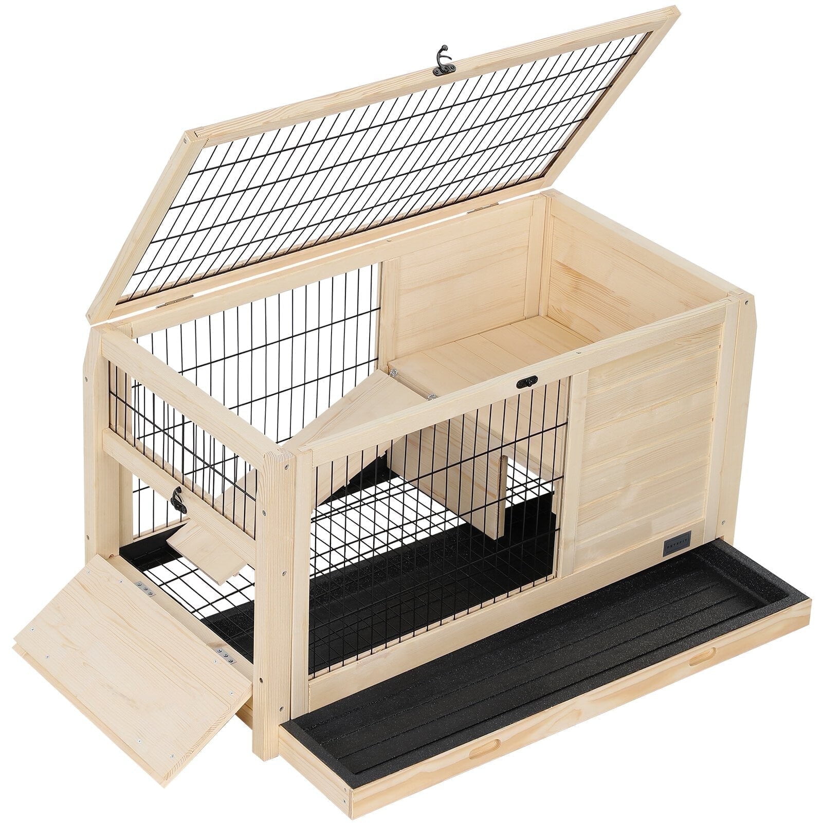 Petsfit Rabbit Hutch Pet House for Small Animals ，Guinea Pig Cage Spruce Wood Rabbit Hutch Ramp for Enter and Out
