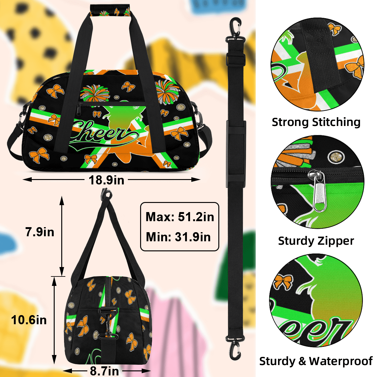 Herdesigns Cheerleader Bags Overnight Duffel Bags Cheer Green Orange Sport Gym Bag Travel Bag Travel Waterproof Weekender Bag Carry On Travel Tote Bag Dance Bags