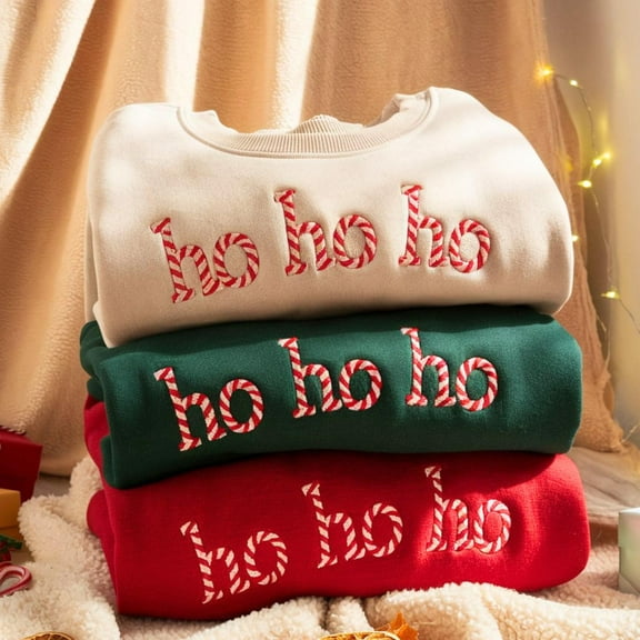 Ho Ho Ho Candy Cane Pattern Embroidered Sweatshirt, Christmas Sweatshirt, Holiday Sweatshirt, Holiday Party Outfit, Retro Holiday T-shirt