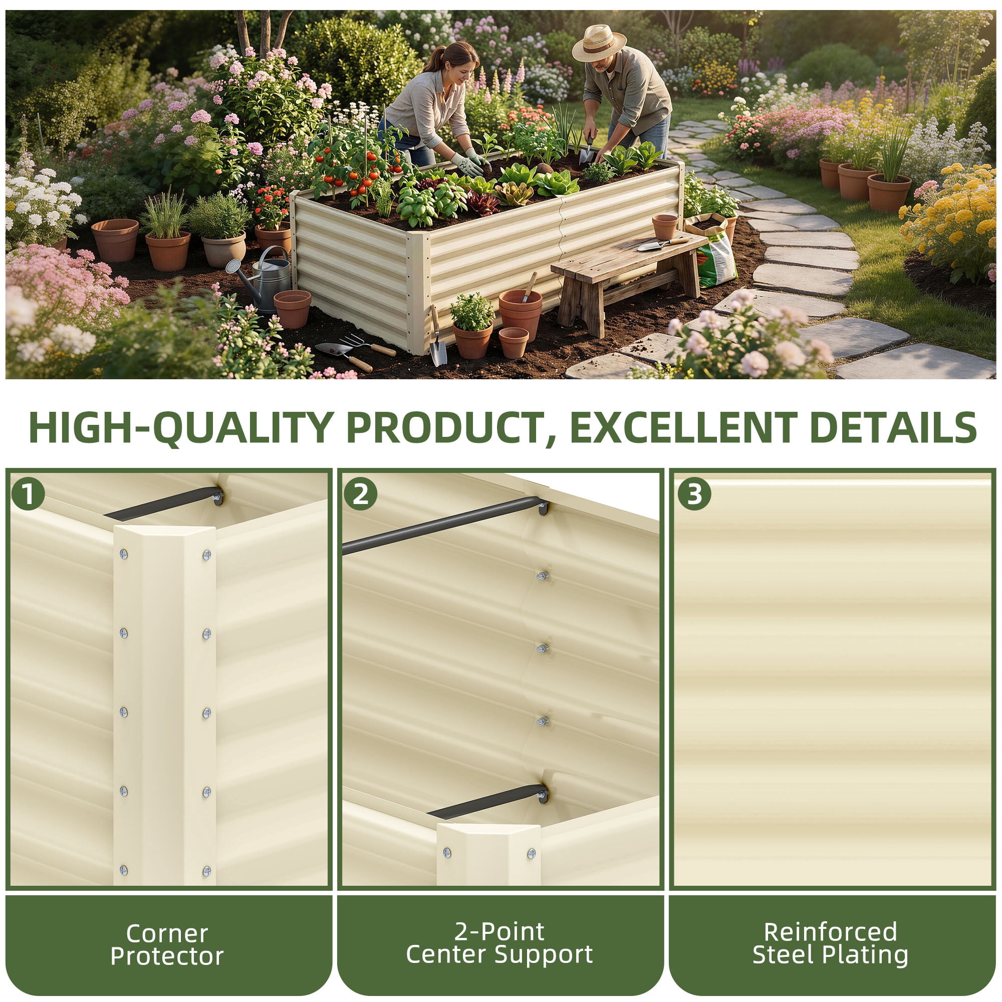 Uforic Galvanized Raised Garden Bed Kit, Metal Planter Box with Gloves, Metal Raised Garden Beds for Vegetables,Cream,6x3x3ft