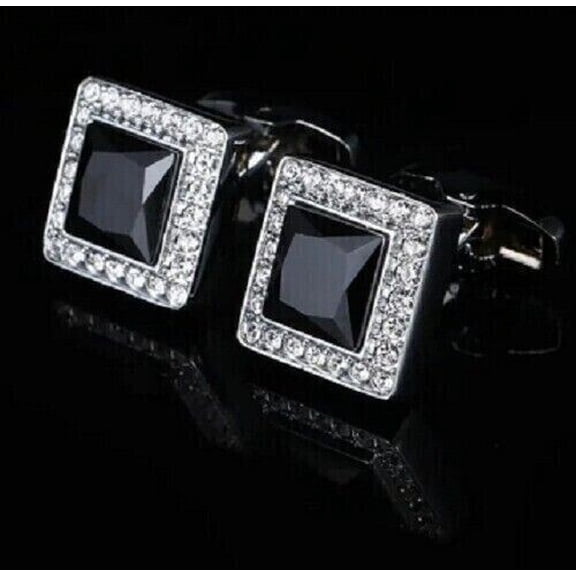 3Ct Princess Cut Lab Created Black Diamond Halo Classic Engagement Men's Cufflinks 14K White Gold Plated 925 Sterling Silver