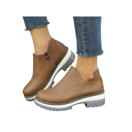

Tenmix Ladies Ankle Booties Zipper Loafers Slip On Pumps Chunky Casual Shoes Womne s Comfort Non-slip Khaki 5