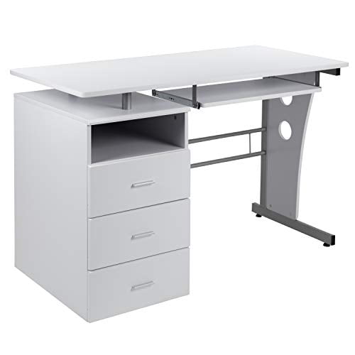 Flash Furniture White Desk With Three Drawer Pedestal And Pull Out Keyboard Tray Com Flash Furniture White Desk With Three, Pull Out Desk Drawer For Keyboard