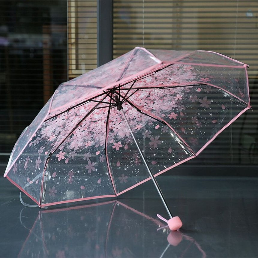 Compact Folding Cherry Umbrella Transparent Clear Umbrella Three