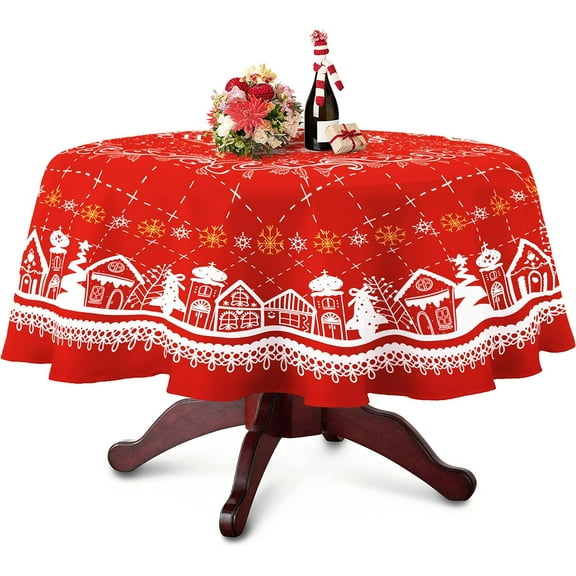 Round Christmas Tablecloth, Christmas Table Cloth Round Winter Snowflake Xmas Holiday Tablecloth For Christmas Decor, Waterproof Wrinkle Free Red Christmas Round Tablecloth For Round Tables 60 X 60