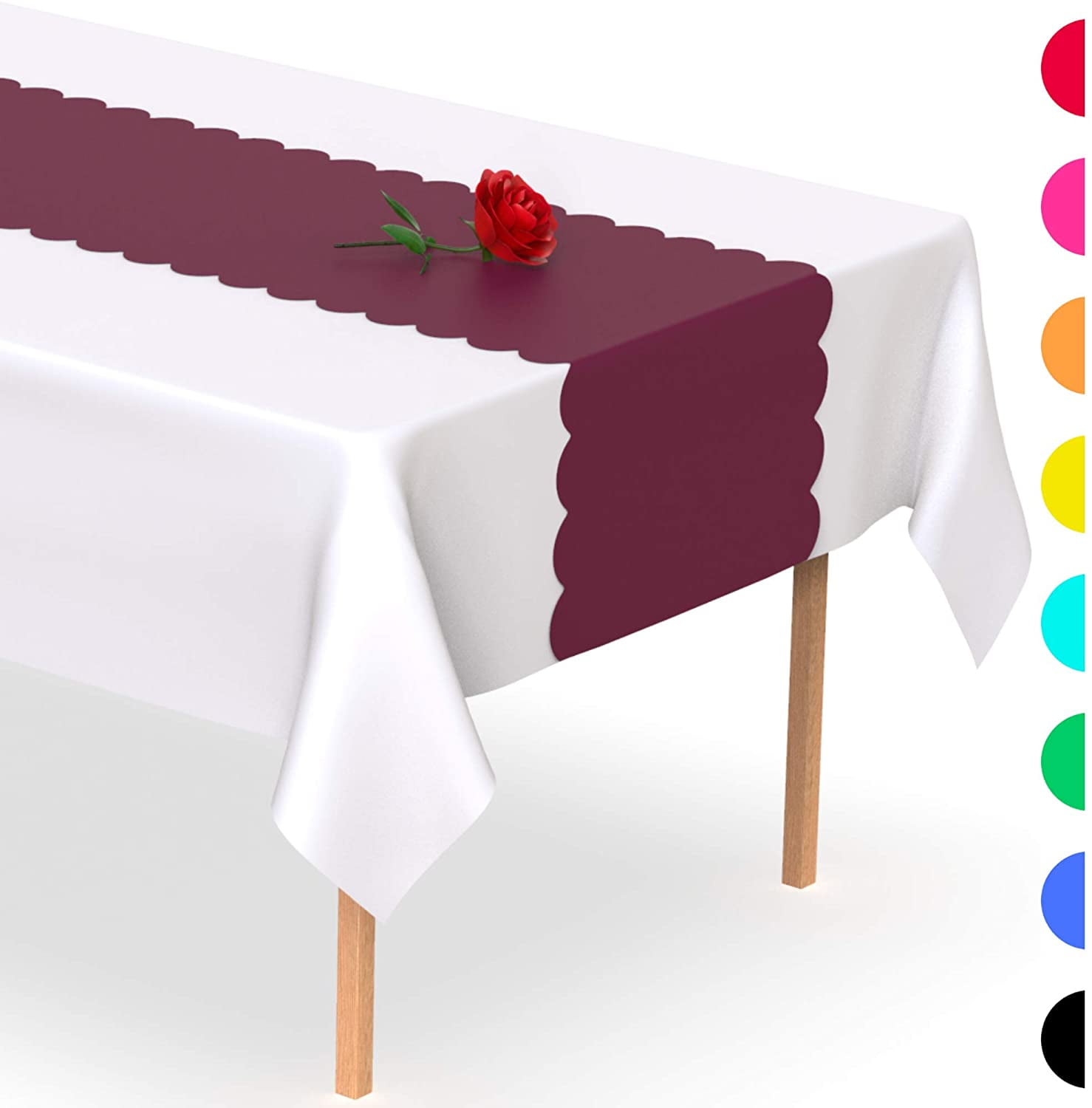Burgundy Scallop Disposable Table Runner. 5 Pack 14 x 108 inch. Plastic Table Runner Adds A Pop