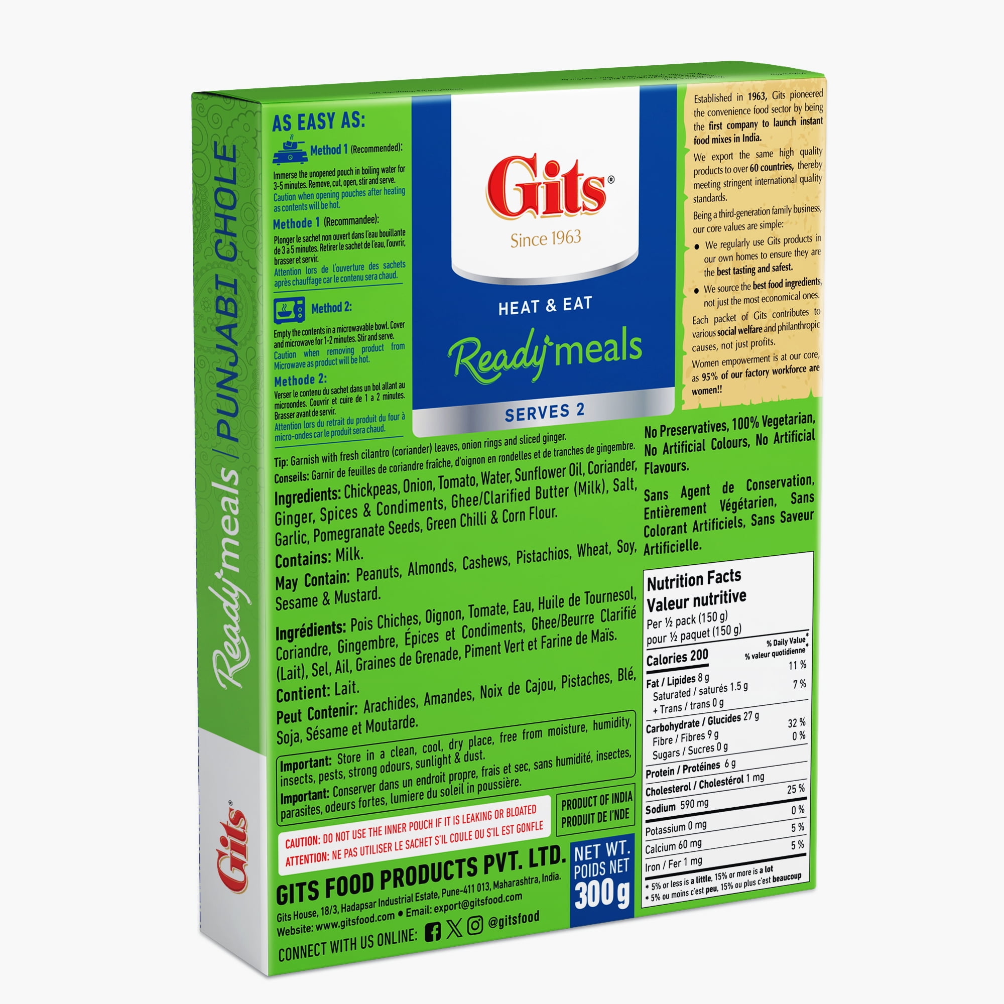 Gits Ready to Eat Punjabi Chole Curry, 300g, Cooked Chickpeas in Richly Spiced Hot Sauce