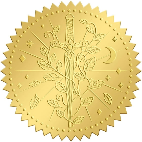 25Sheet 2 Inch Gold Embossed Envelope Seals Stickers Sword 100pcs Round Adhesive Embossed Foil Seals Stickers Envelope Label for Wedding Invitations Party Gift Packaging Greeting Card