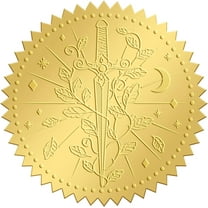 25Sheet 2 Inch Gold Embossed Envelope Seals Stickers Sword 100pcs Round Adhesive Embossed Foil Seals Stickers Envelope Label for Wedding Invitations Party Gift Packaging Greeting Card