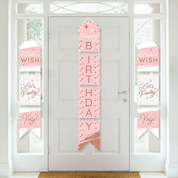 Big Dot of Happiness Pink Rose Gold Birthday - Hanging Vertical Paper Door Banners - Happy Birthday Party Wall Decoration Kit - Indoor Door Decor