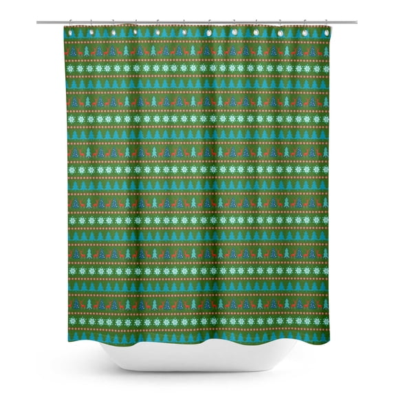S4Sassy Green Snowflake & Tree Christmas Water Repellent Bath Shower Curtain With Roller Rings Hook-60 x 70 Inch