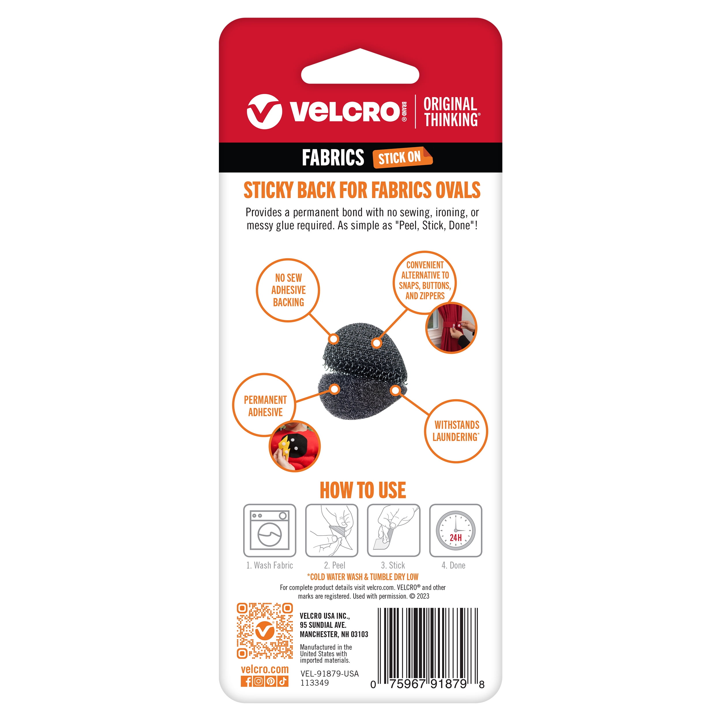 (2 pack) VELCRO Brand Sticky Back Hook & Loop Fasteners | Permanent Fabric Tape for Alterations and Hemming | Peel and Stick - No Sewing, Gluing, or Ironing | Pre-Cut Ovals, 1 x 3/4 inch, Black - 8 Sets