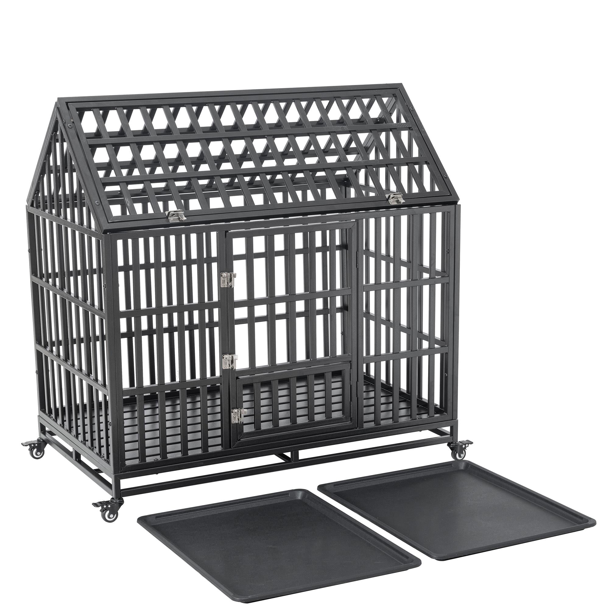 Pefilos 47" Heavy Duty Dog Crate Kennel with Window on Roof, Pet Cage Metal Playpen for Large Medium Dogs with 4 Lockable Wheels, Black Pefilos 47" Heavy Duty Dog Crate Kennel with Window on Roof, Pet Cage Metal Playpen for Large Medium Dogs with 4 Lockable Wheels, Black
