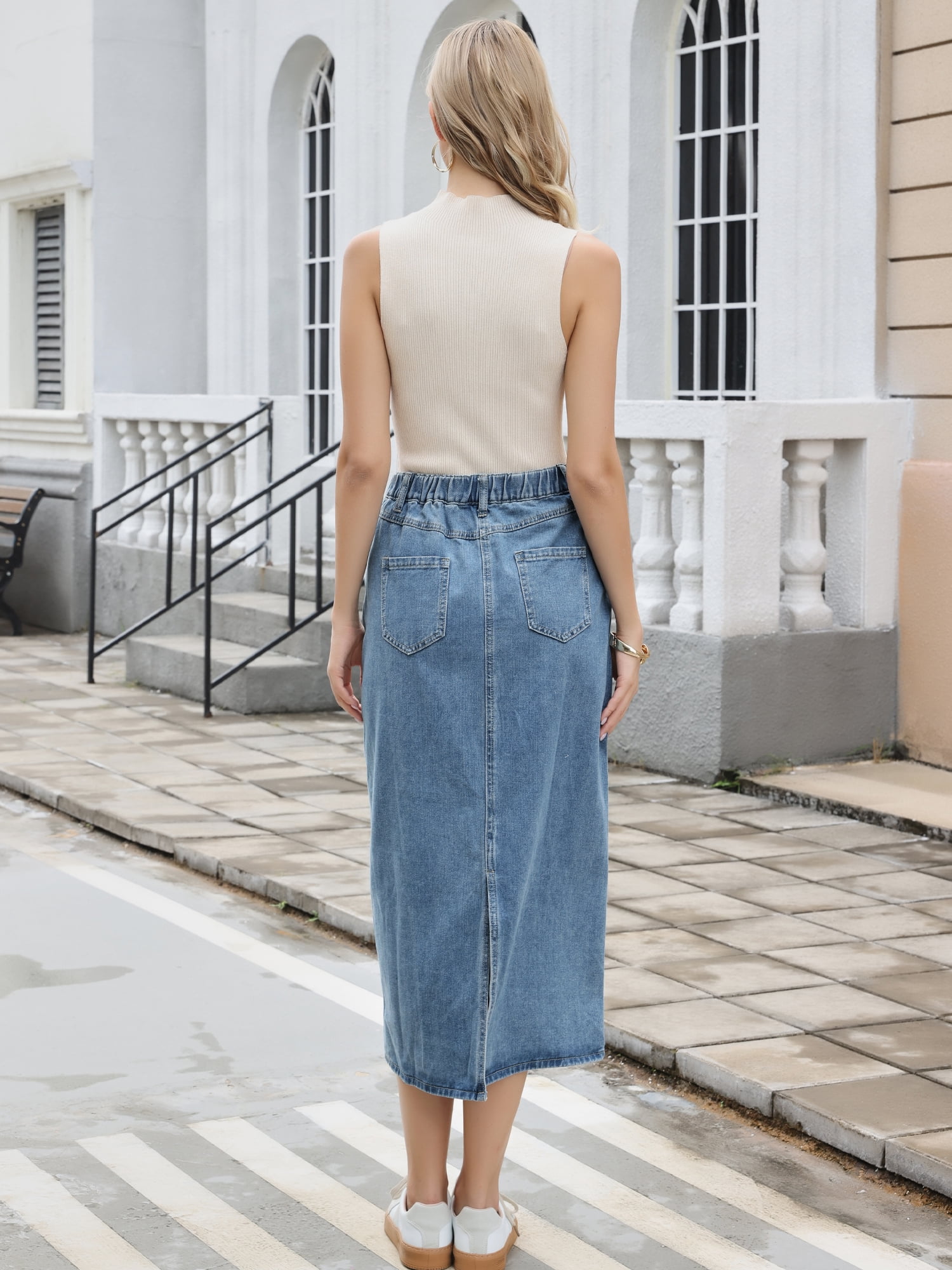 DARING DIVA Women's Casual Midi Length Split Back High Waist Long Jean Skirts XS Sky Blue