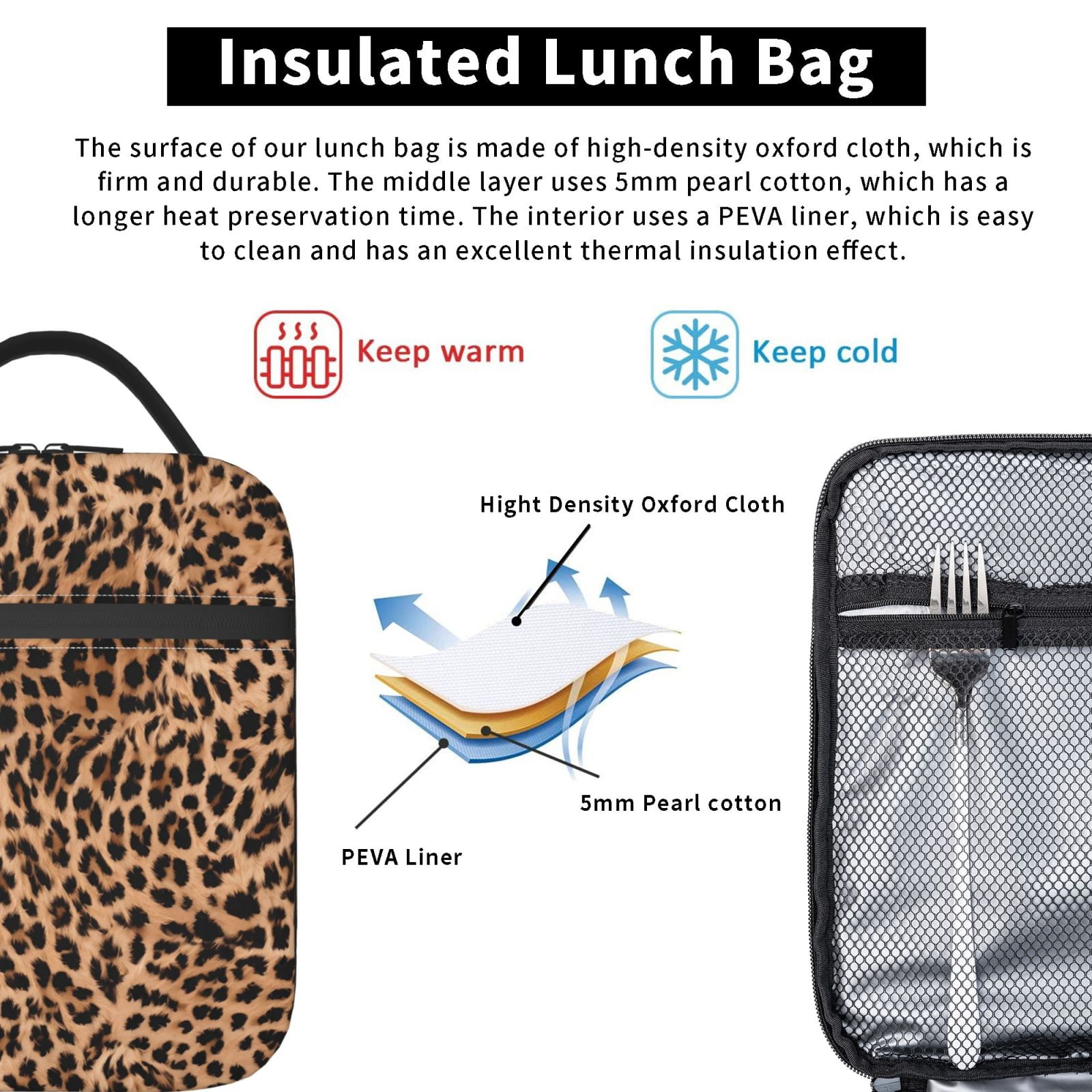 Lunch Bag For Women Men Insulated Portable Lunch Box Bento Box Office Picnic Travel Cooler Bag Leopard Print Pattern