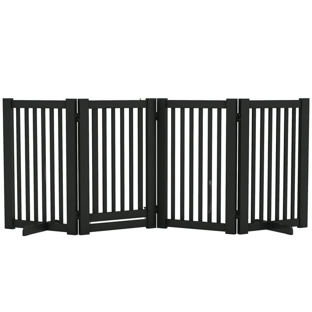 PawHut Free Standing Wooden Pet Gate with Open Door 4 Panel Black