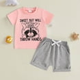 thumbnail image 2 of Baby Boy Summer Clothes Letter Print Short Sleeve T Shirt Tops and Stretch Shorts Cute Baby Boy Outfit, 2 of 4