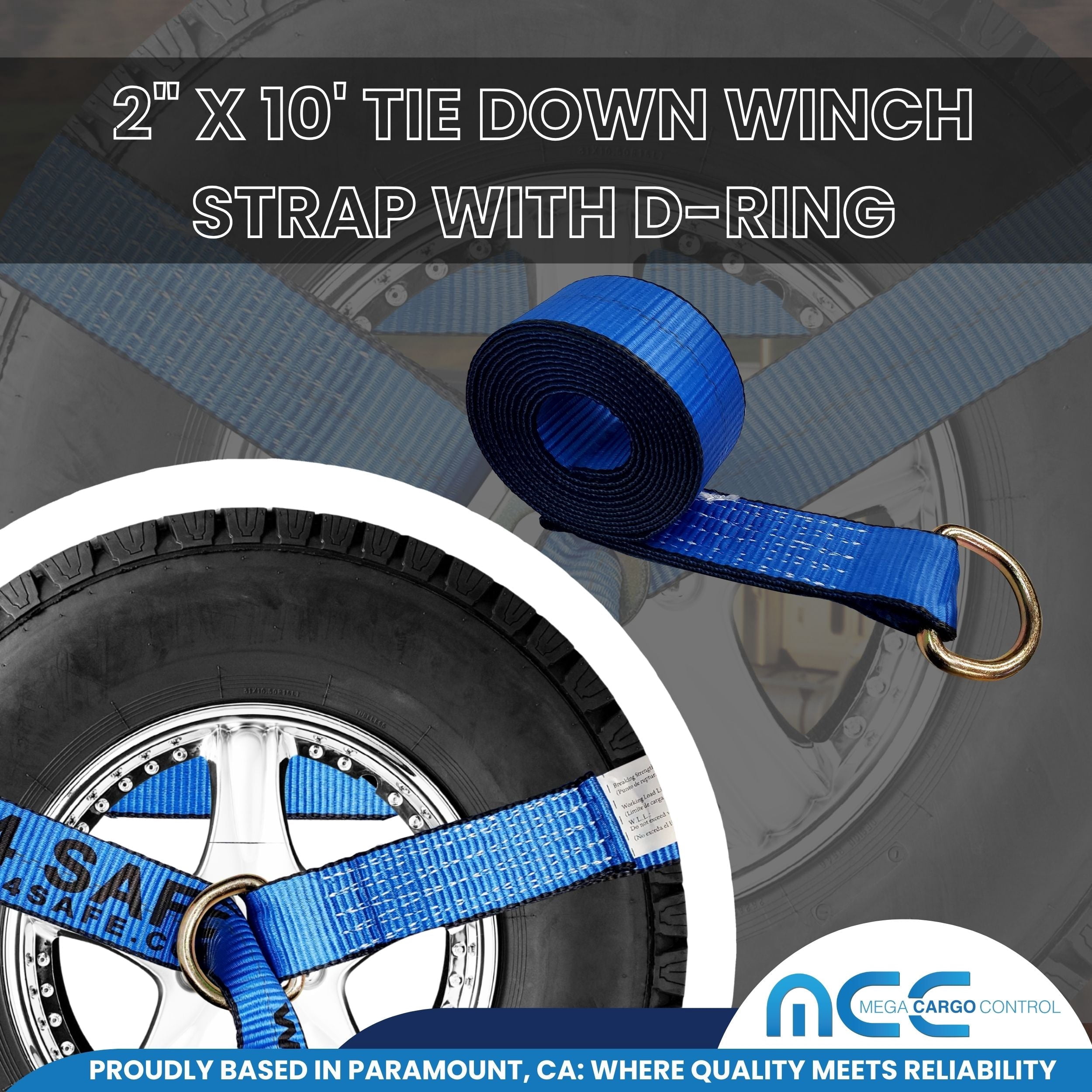 Mega Cargo Control 2" x 10' D Ring Lasso Straps - Heavy Duty Wheel Lift Towing Straps for Auto Hauling, Car Carriers, Flatbeds, Wrecker (Blue, 4 Pack)