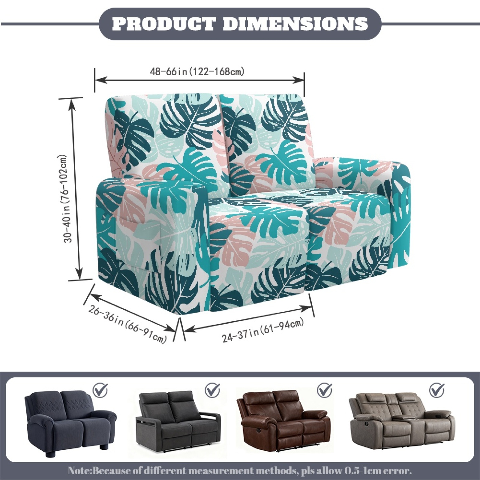 Xoenoiee Tropical Palm Leaves Print Stretch Recliner Loveseat Cover, 6 Pieces Recliner Slipcovers Soft Couch Cover for 2 Seater Non-Slip Furniture Protector with Pocket