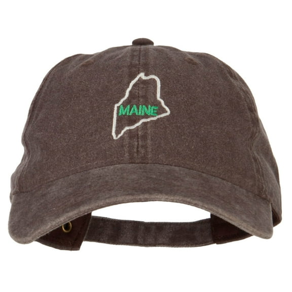 Maine with Map Outline Embroidered Washed Cotton Twill Cap - Brown OSFM