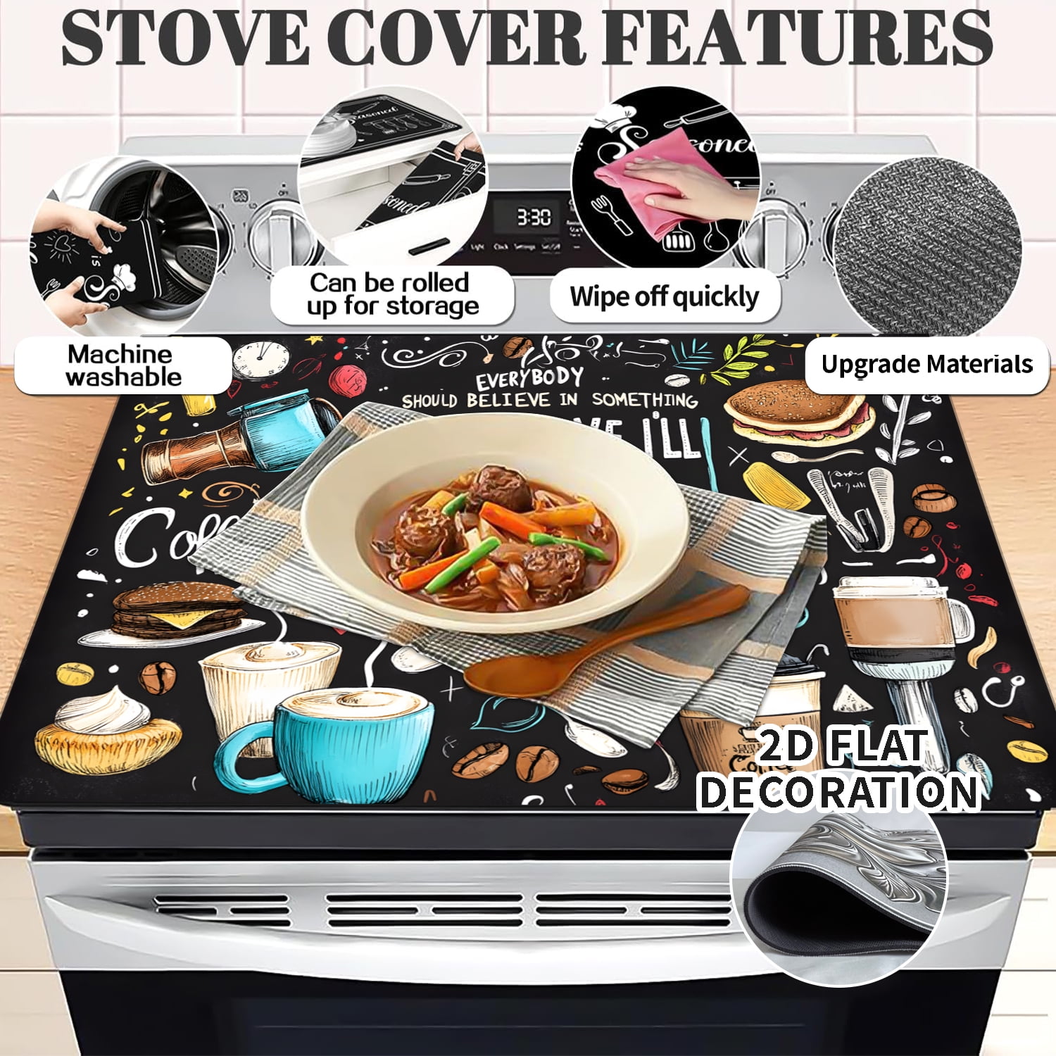 Stove Top Cover for Electric Stove 28 "x 20 ", coffee pattern Heat Resistant Glass Top Stove Cover Protector, Induction Cooktop Protector Stove Top Covers Mat, Kitchen Flat Stove Top Covers