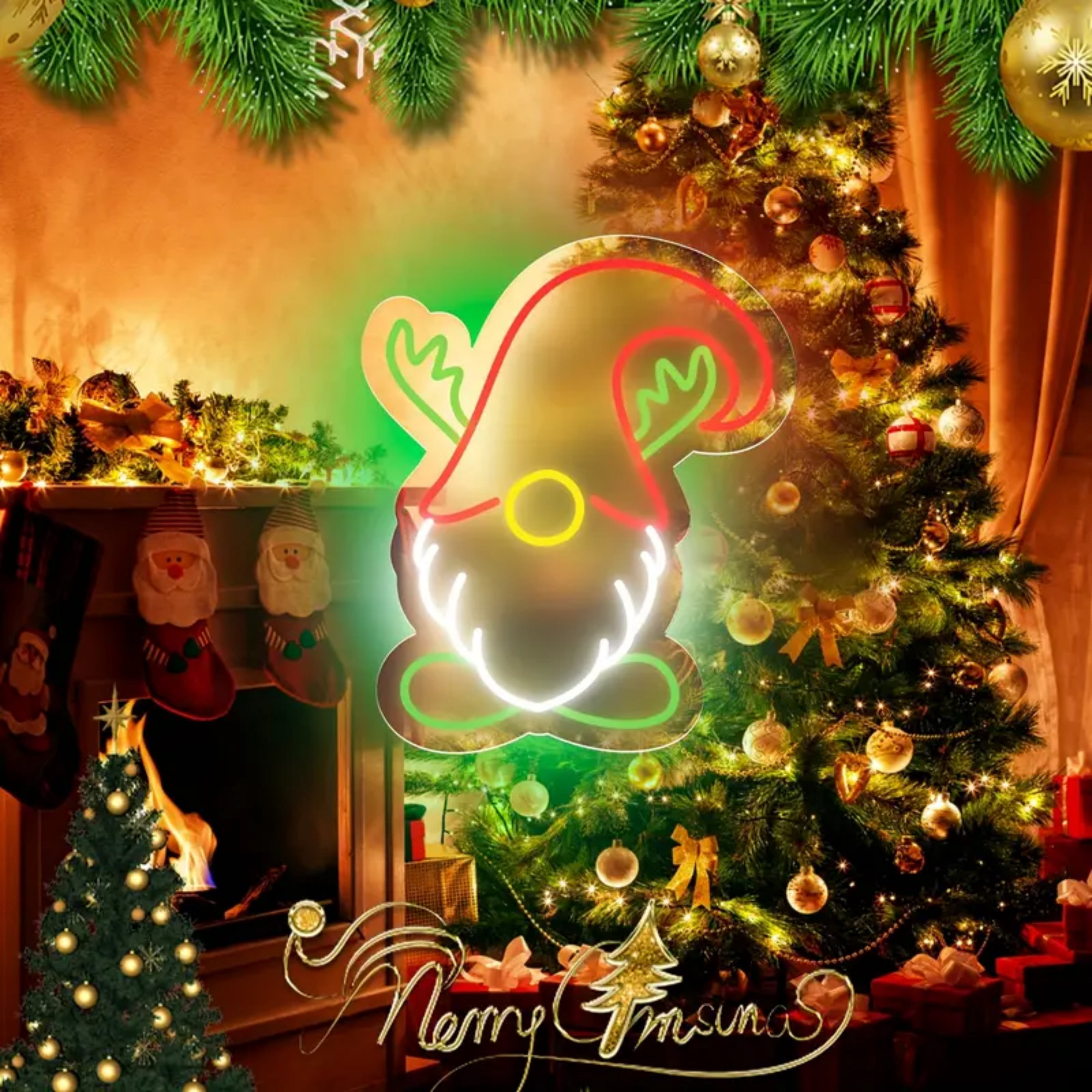 UPONRAY Christmas Gnome Neon Signs, 15"*12.3" Dimmable & USB-Powered LED Neon Light, Stylish Wall Decor for Christmas Tree, Bed Room, Living Room, Party, Bar