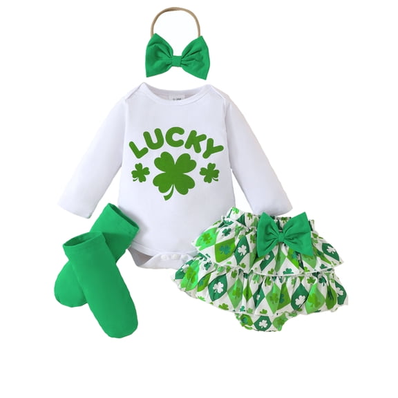 WIBACKER St Patricks Day Baby Girl Outfit Lucky Print Romper Tutu Clover Skirts Leg Warmers Headband Spring Clothes