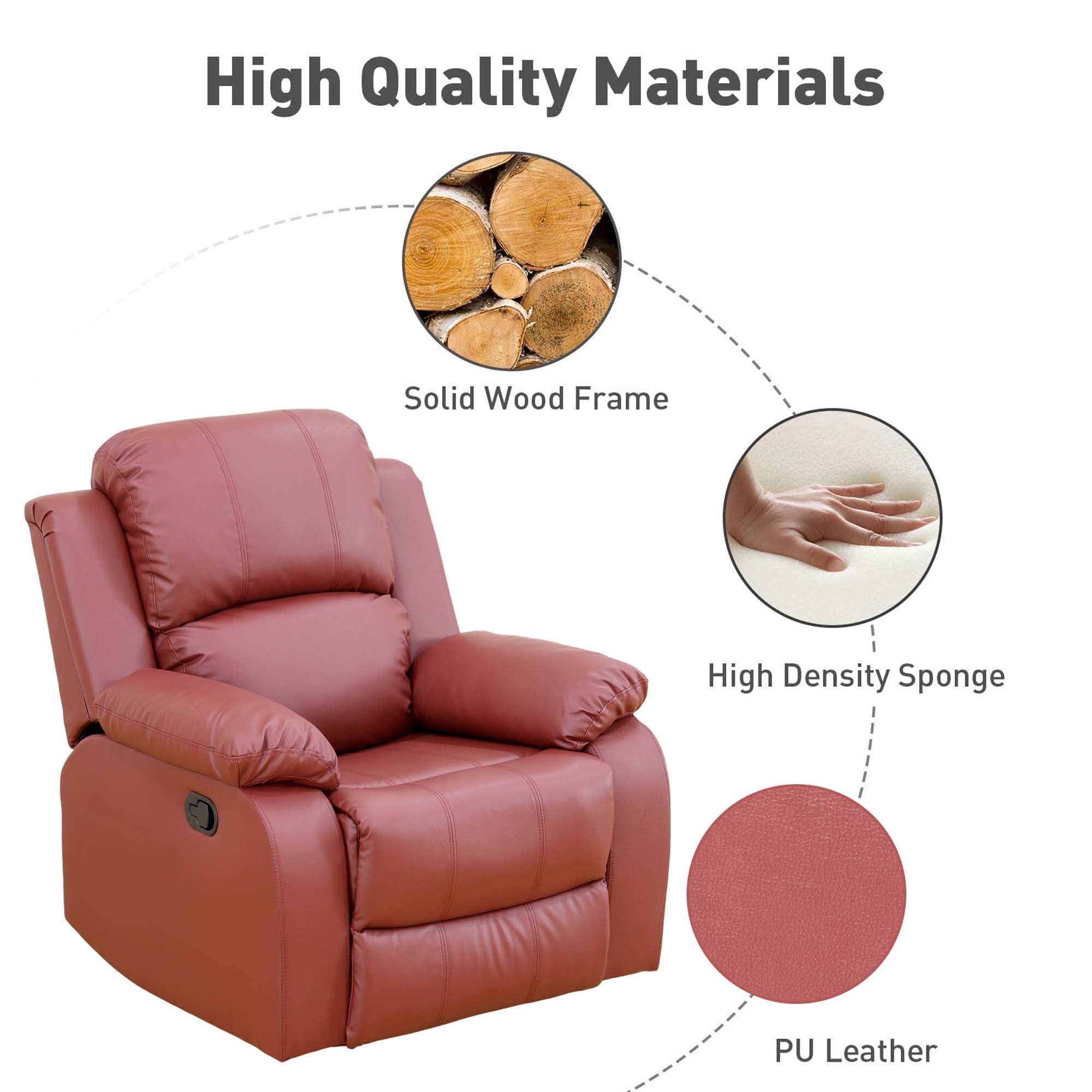 Aukfa Faux Leather Manual Recliner Chair Single Sofa Armchair for Living Room, Bedroom, Red