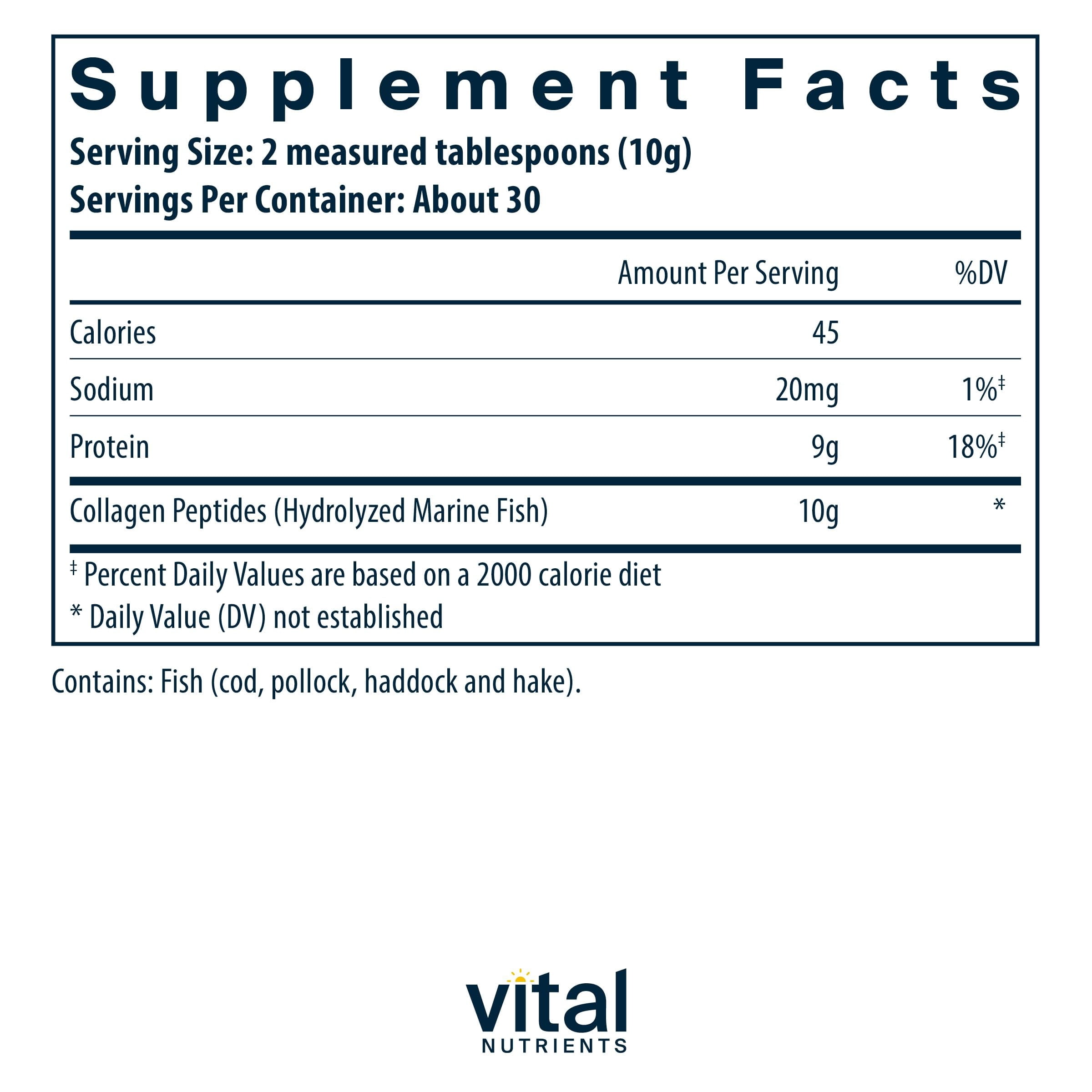 Vital Nutrients Marine Collagen Powder Unflavored | Hair, Skin, Nails, & Joint Support | Type I & III Collagen Powder Supplement from Wild-Caught Fish | Gluten, Dairy, Soy Free | 300 Grams