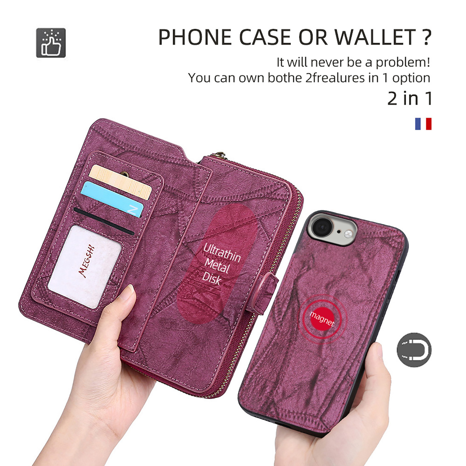Feishell for iPhone 16e Multi-Function Wallet Case, with Wrist Strap, Premium PU Leather 2 in 1 Magnetic Detachable Purse 14 Card Holder Slots Zipper Pocket Phone Case for Women Men,Winered