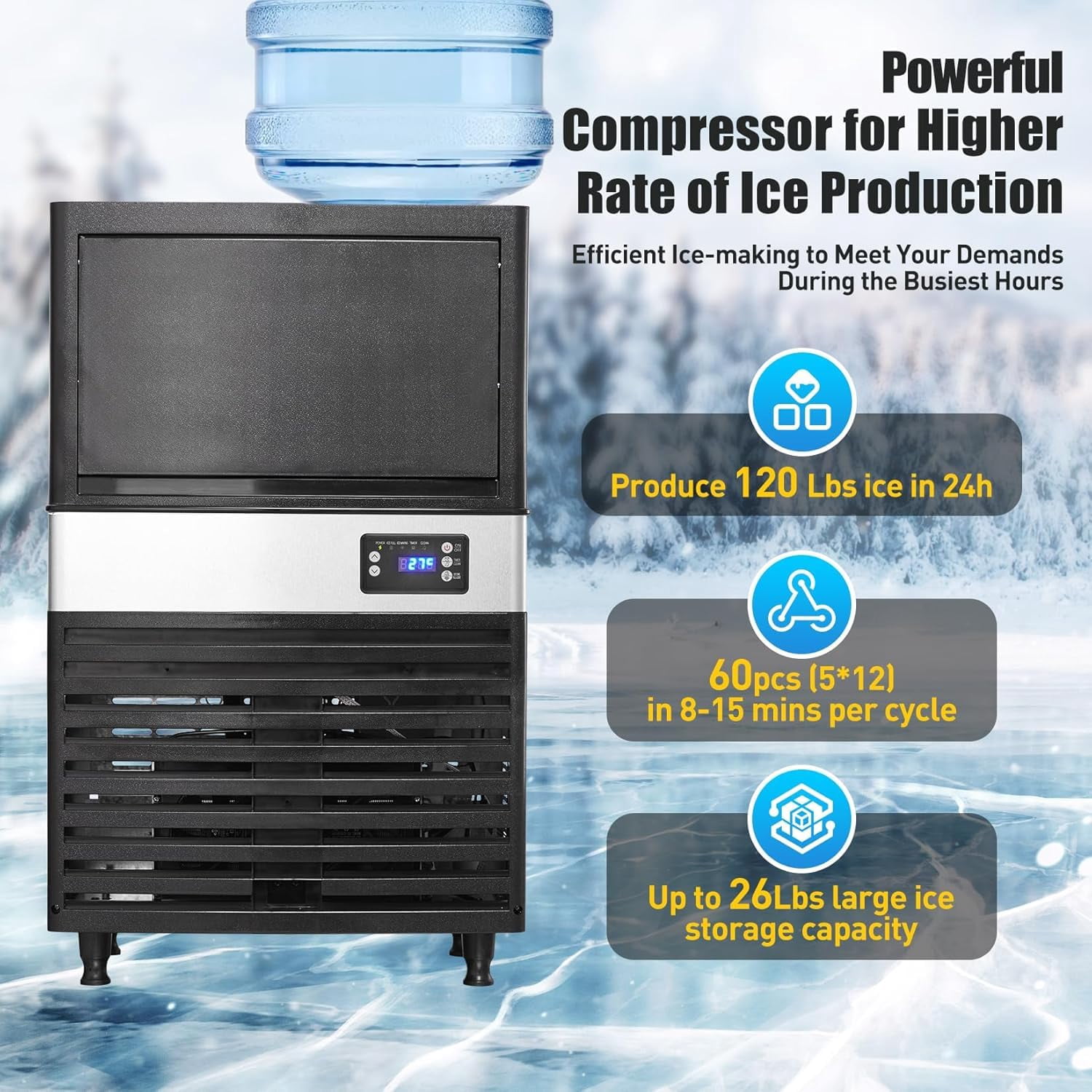 IdealHouse Commercial Ice Cube Maker, 120 Lbs Per 24 Hours, 26 Lbs Storage Capacity, 2-Way Water Add Modes, 60 Cubes in 5 Minutes, Stainless Steel Ice Machine