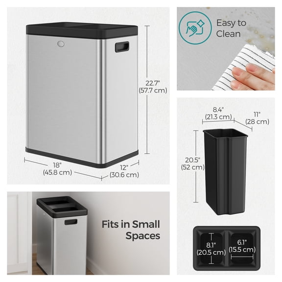 LEDREM Dual Compartment Trash Can , 2 x 6.6-Gallon Open Top Recycling Bin , Stainless Steel Waste Separator for Office Restaurant Use ,Silver