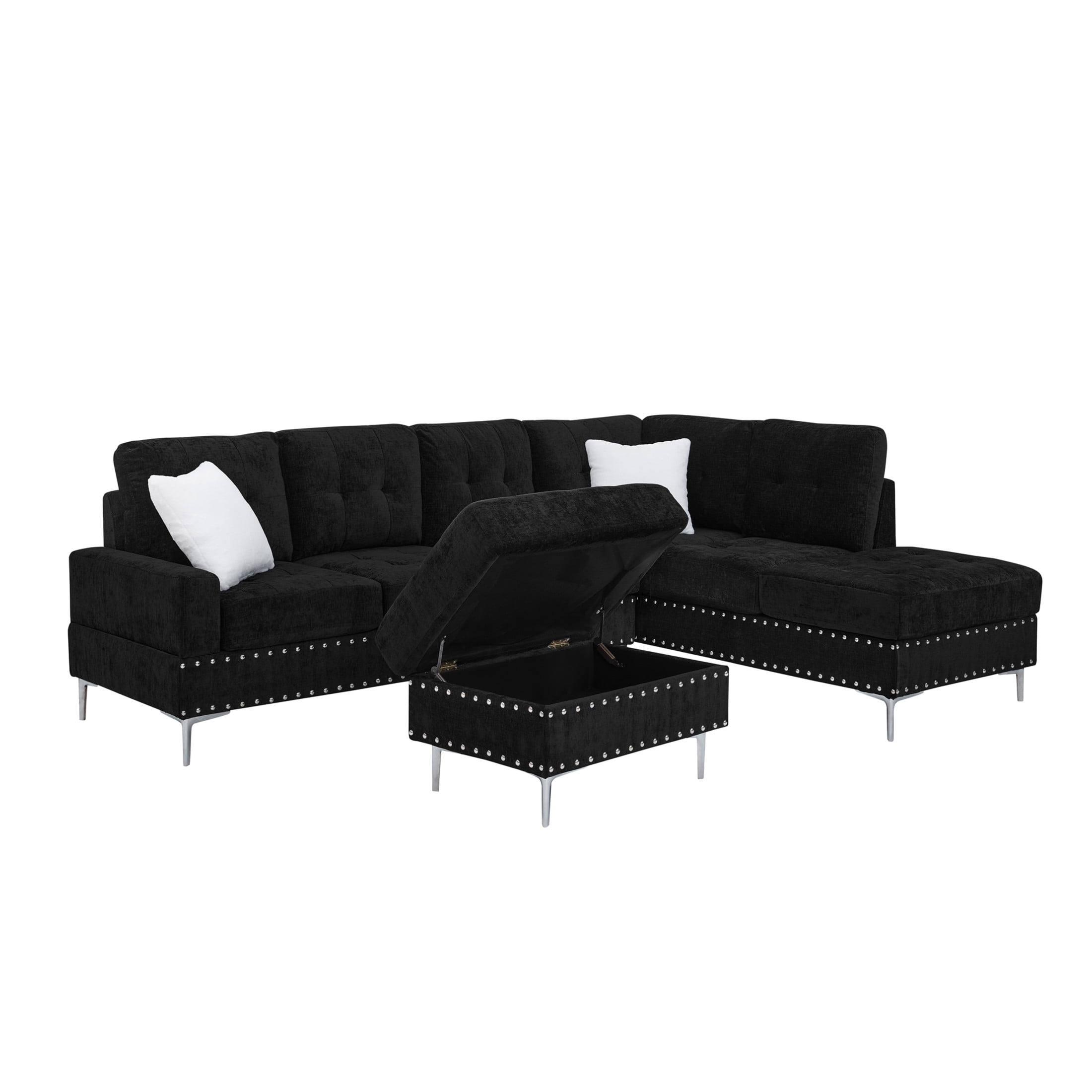 Noble House 102" L-Shaped Tufted Sectional Sofa, Chenille 3-Seater Couch with Storage Ottoman and White Pillows, Black
