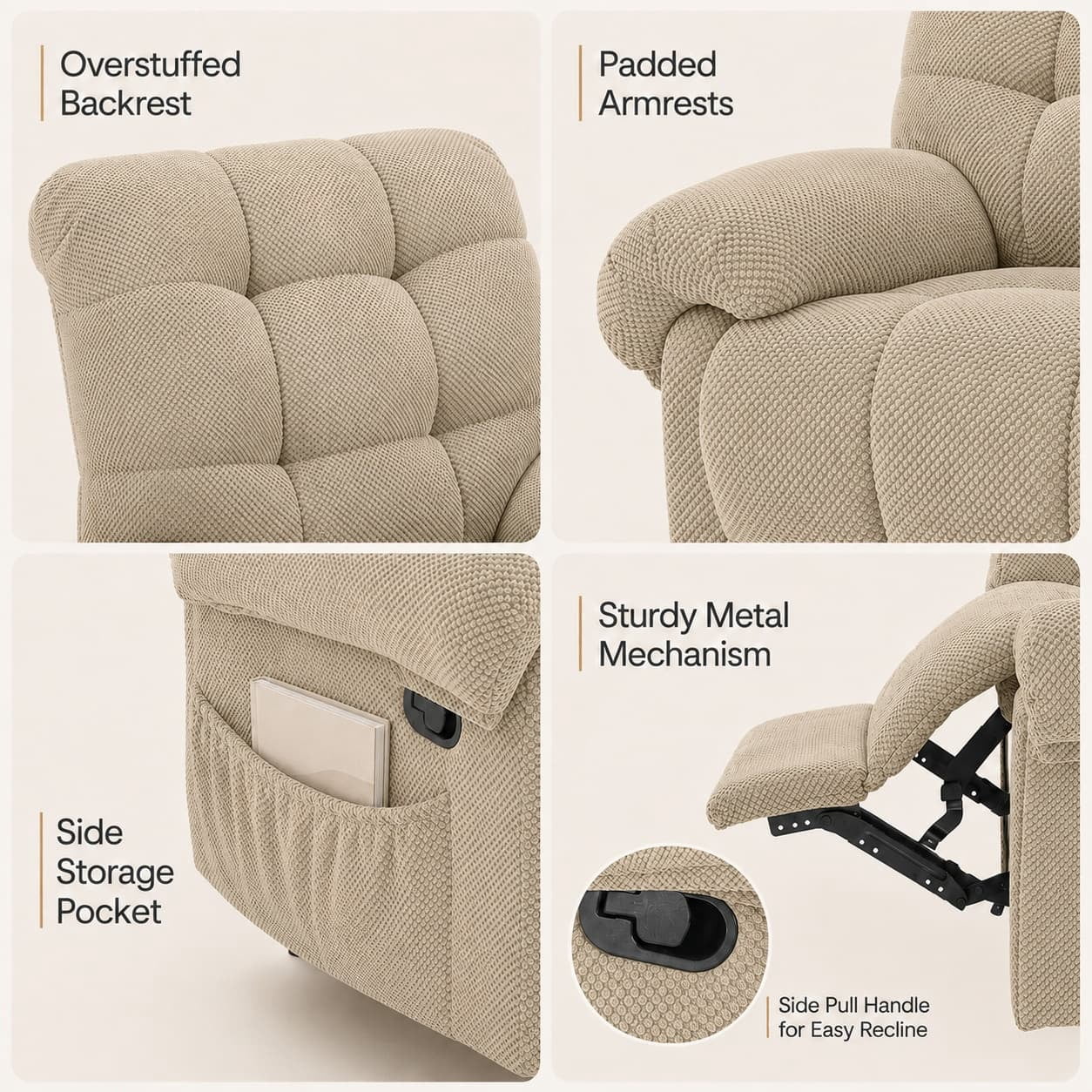 Aukfa Overstuffed Manual Recliner Chair, Upholstered Glider Lounge Armchair with Footrest for Bedroom Reading,Camel