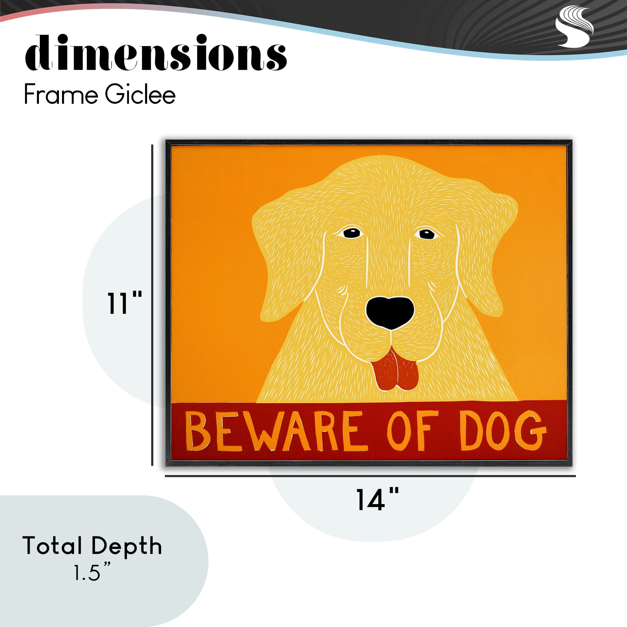 Beware Of Dog Yellow & Red Black Framed Giclee Art, design by Stephen Huneck