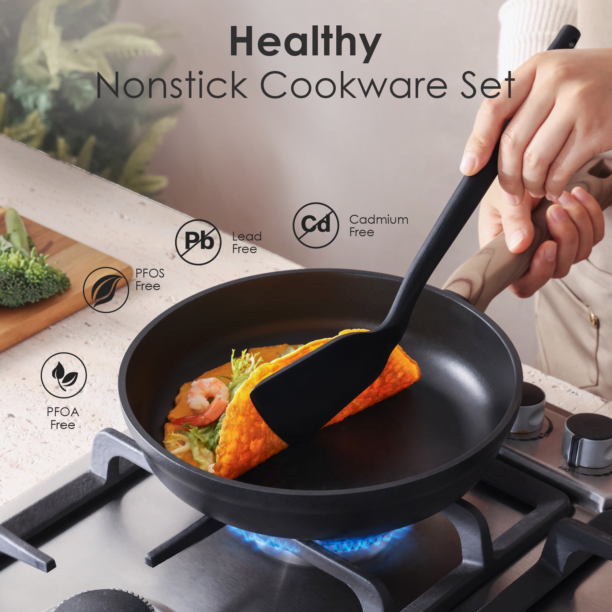 SENSARTE 24-Piece Nonstick Pots and Pans Set, Matte Black Titanium Induction Cookware Set, Healthy Kitchen Cooking Sets with Stay-Cool Handles, Dishwasher & Oven Safe, Stackable