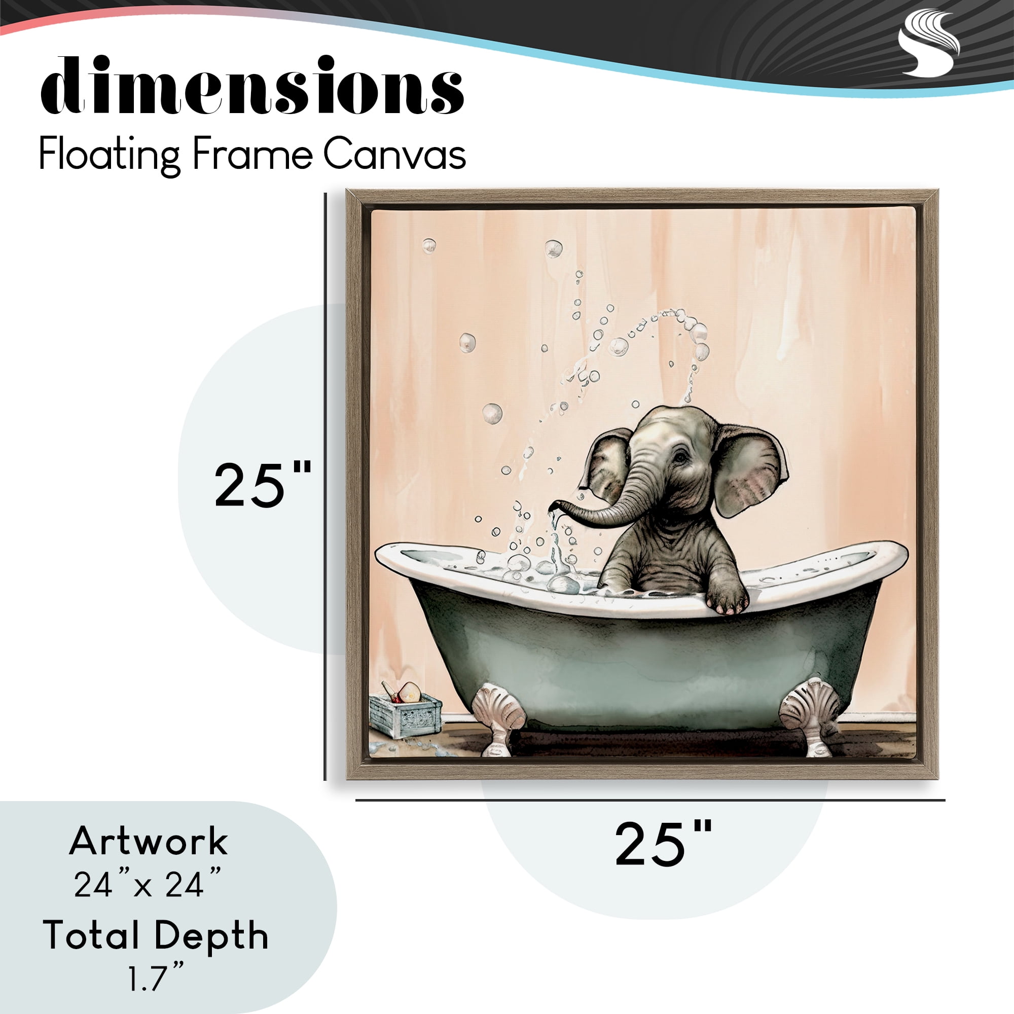 Baby Elephant Bubble Bath Brown Framed Floater Canvas Wall Art, design by Sasha