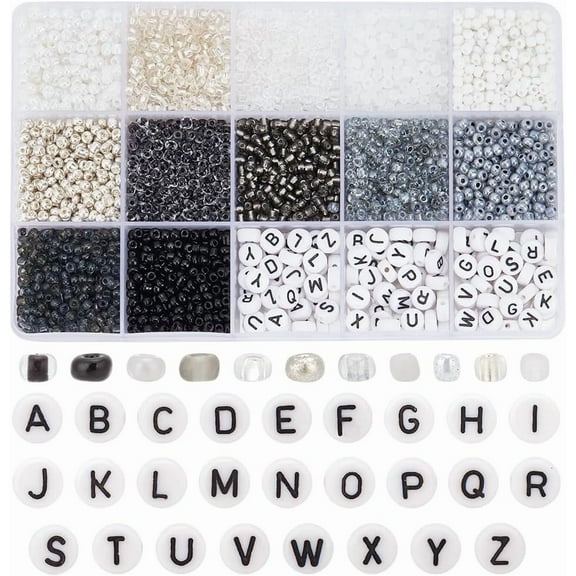 DIY Beads Jewelry Making Finding Kit Including Glass Seed Round & Acrylic Letter Beads Black and White 3~4x2~3mm